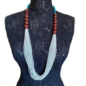 Anthropologie Tribal Cream Beaded Teal Green Crystal Wood Necklace NEW